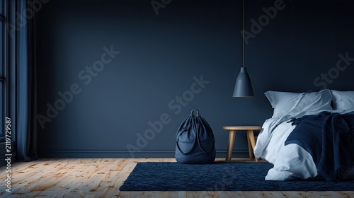 Modern bedroom interior with bed and decorative elements against a dark wall