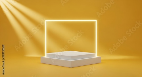 White square pedestal below a glowing neon frame on vibrant yellow background