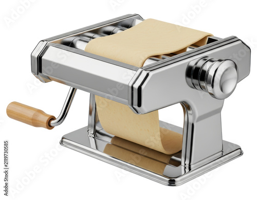 Manual stainless steel pasta maker machine with dough on a transparent backdrop