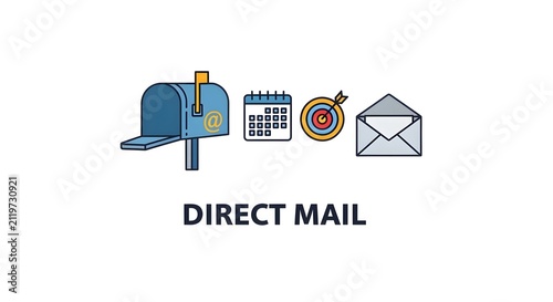 Direct mail icon set illustrating communication, marketing, and strategy elements