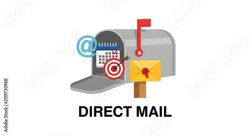 Direct mail marketing illustration featuring a mailbox, calendar, target, envelope