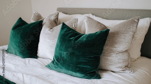 Close up of decorative pillows arranged on a bed with neutral tones