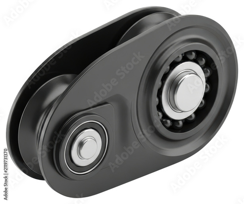 Mechanical dual pulley tensioner with ball bearings cut out on transparent background