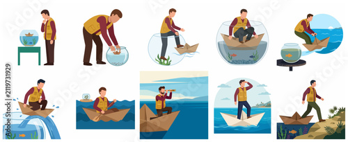 Foto Man leaving his comfort zone on a paper boat from a fishbowl to the ocean, metap