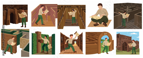 Cuadro en lienzo Collection of Illustrations of an Explorer Navigating Various Mazes and Labyrint