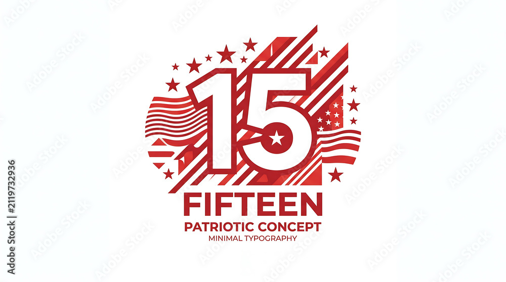 Fototapeta premium Patriotic number 15 graphic concept, red fifteen typography with stars and stripes, 15th anniversary celebratory emblem for national holidays