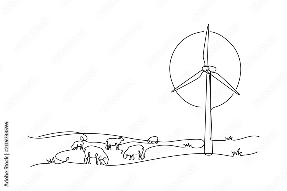Obraz premium Continuous line drawing of a wind turbine and a flock of sheep.