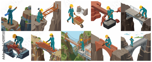 Fotografie Set of isometric illustrations of female construction workers and engineers building different types of bridges across steep canyons and cliffs