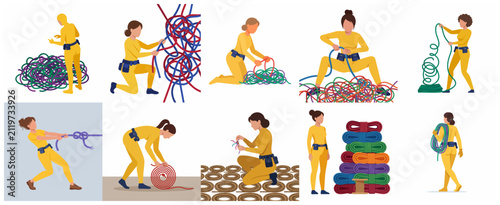 Foto Set of Professional Workers Untangling and Managing Complex Cables and Ropes Ill