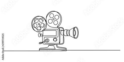 Continuous single line drawing of an old vintage movie camera film projector equipment isolated on a clean white background for media production designs Vector, illustration, Continuous one line 