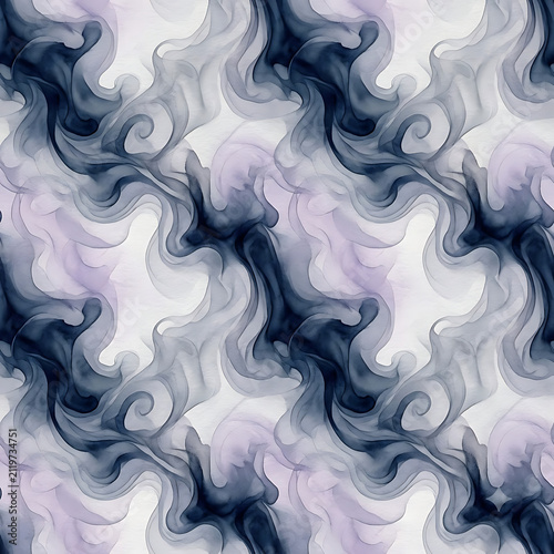 Seamless Ethereal Swirling Smoke and Ink Watercolor Pattern in Deep Midnight Blue and Lavender for Luxury Packaging