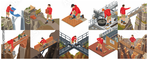 Obraz na plátně Isometric collection of bridge construction scenes with workers building structures across canyons and mountains, featuring bricklaying, metalwork, and architectural planning