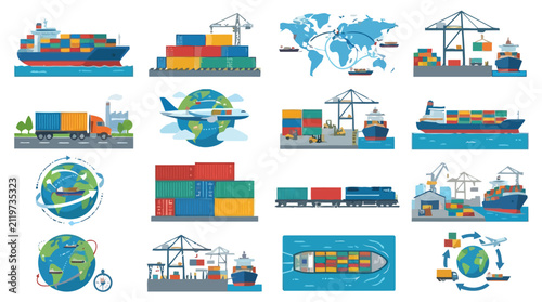Global Logistics and International Supply Chain Management Icon Set.