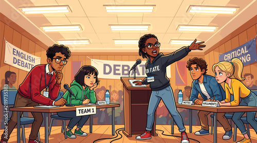 Canvastavla Diverse Young Students Participating in Academic Debate Competition in School Au
