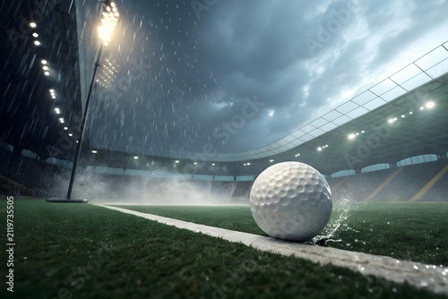Field hockey ball speeding toward the goal with realistic speed trail, low-angle perspective and dramatic floodlit championship stadium in cinematic sports advertising photography