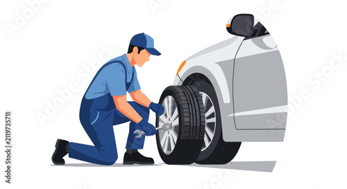 Mechanic changing car tire.