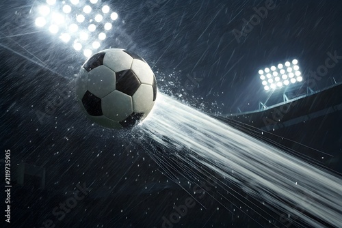 Soccer ball slicing through heavy rain with realistic rotational motion blur and glowing stadium floodlights in a dramatic cinematic football action scene
