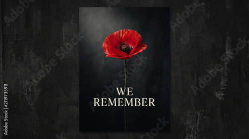 Sole red poppy flower against dark textured backdrop with commemorative we remember text graphic design with background elegant commemorative single vibrant red