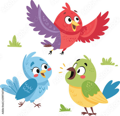 Cute cartoon birds vector illustration set. Singing and flying cheerful avian characters clipart.