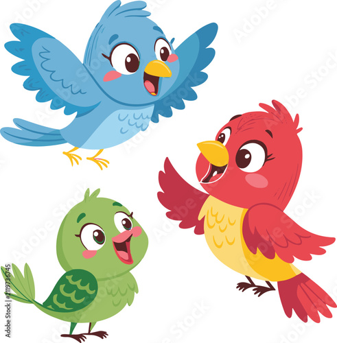 Cute cartoon birds vector illustration set. Singing and flying cheerful avian characters clipart.