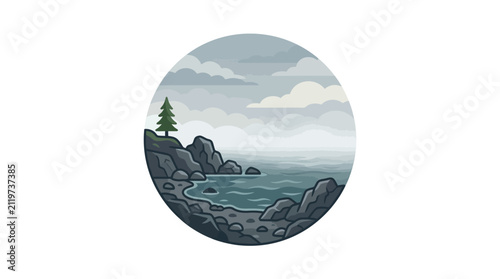 Obraz na płótnie Moody coastal landscape with rocky shore and pine tree