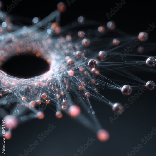 Swirling lines and dots create a network of connections and interactions in a dark background