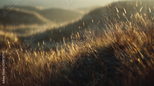 Golden grass sways in the breeze on a hillside during sunset hours in an open landscape