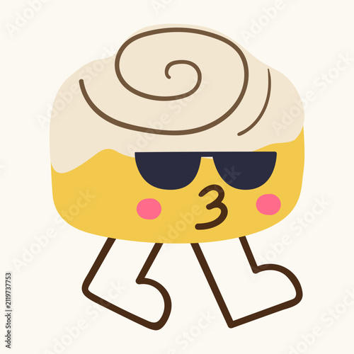 Minimalist cute cinnamon roll character walking flat vector illustration funny cozy autumn food dessert bakery mascot in sunglasses isolated pedestrian sticker design