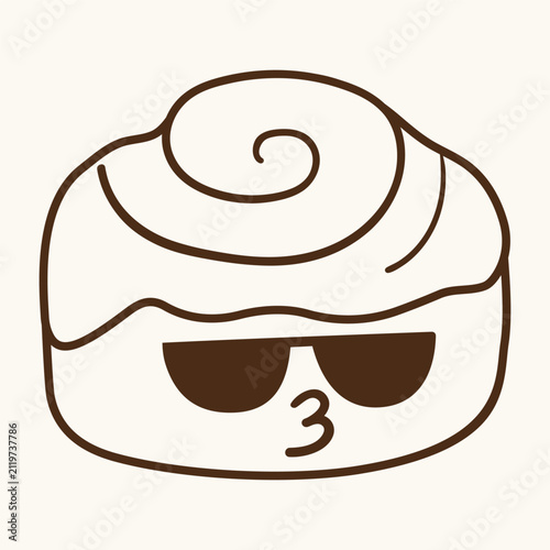 Minimalist cute cinnamon roll character line art funny cozy cafe bakery dessert mascot in sunglasses outline vector illustration sticker design