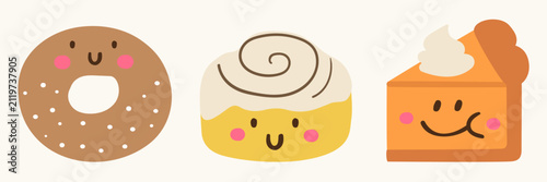 Cute autumn bakery characters team set flat vector illustration funny thanksgiving dessert mascot collection donut cinnamon roll pumpkin pie isolated