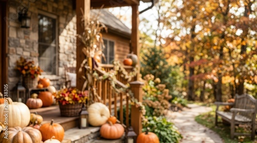 Autumn porch decoration pumpkins fall house exterior seasonal rustic home stone wall outdoor landscape background harvest thanksgiving cottage