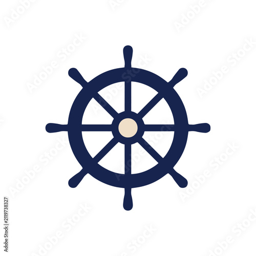 A navy blue ship s wheel icon on a white background a simplified nautical steering mechanism boat