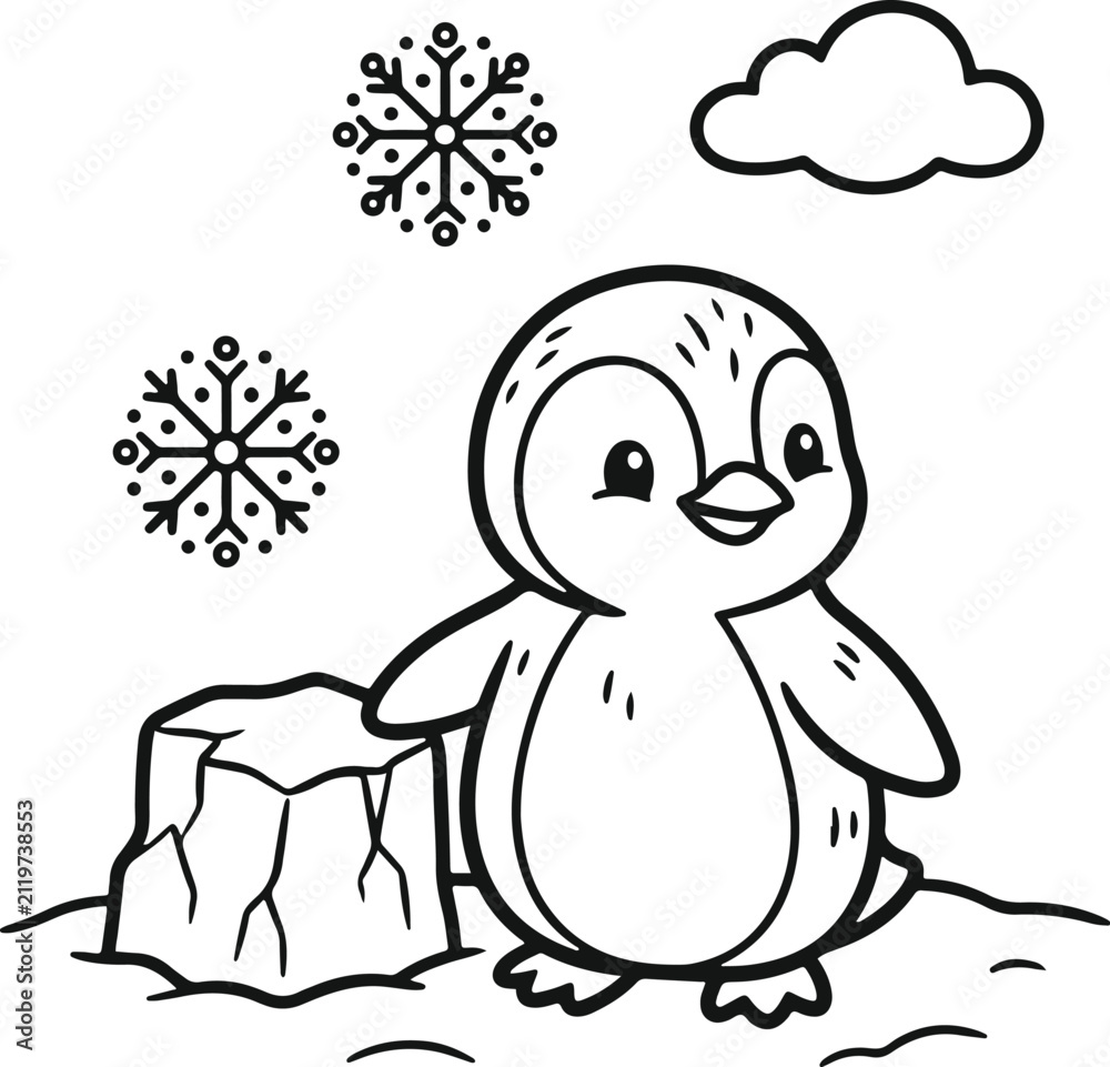 Obraz premium Cute baby penguin standing on iceberg coloring page for kids with coloring