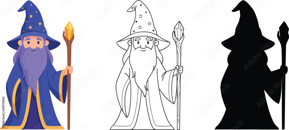 Fototapeta premium Cute cartoon wizard character set featuring a colored illustration, black line art outline, and solid silhouette holding a magic staff isolated