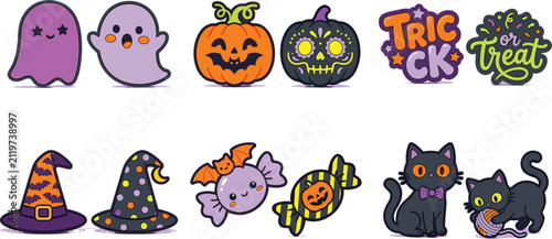 Quadro su tela Cute Halloween vector sticker set with kawaii ghosts pumpkins black cats witch h