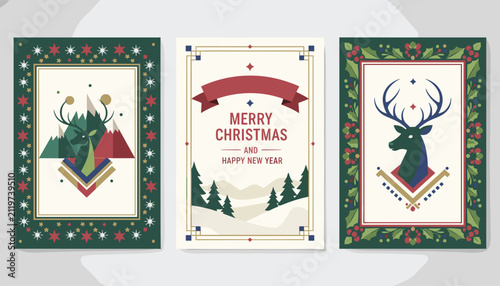 Collection of three beautiful retro style christmas greeting cards with geometric reindeer illustrations and frames.