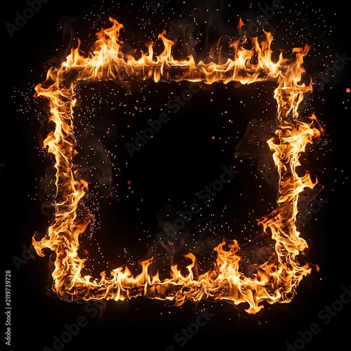 Fiery Square Frame of Bright Flames and Sparks on Black Background for Dynamic Visual Effects