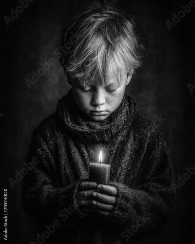 Child praying in peaceful spiritual moment with soft light atmosphere. Ai Generative