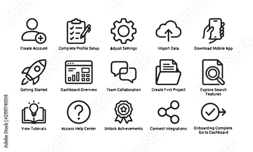 Onboarding and user guidance icons for app and website setup.