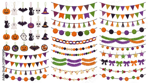 Halloween party bunting and garland vector set, festive hanging decorations with pumpkins and bats, spooky holiday bunting flags and ornaments
