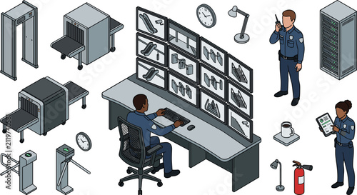 Isometric Security Control Room and Surveillance System Icon Set with CCTV Video Monitoring Desk Security Guards X-ray Baggage Scanner and Walkthrough Metal Detector for Building Access,