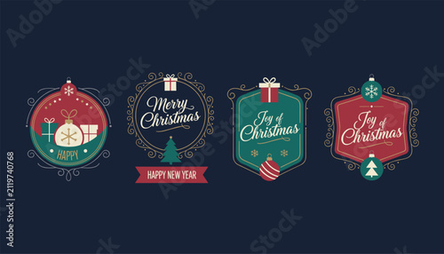 Four beautiful vintage style christmas badges shaped like ornaments with greetings ribbons and star graphics.