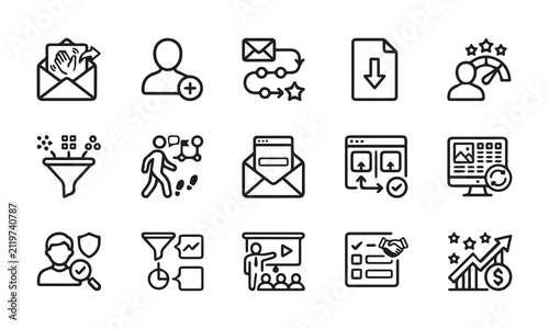 Sales funnel and customer journey icons for marketing and CRM systems.