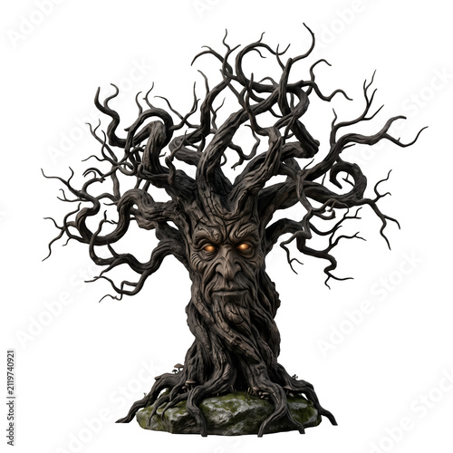 Ancient Gnarled Tree With Face and Glowing Eyes — Enchanted Fantasy Tree Spirit Sculpture