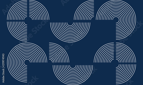 Abstract dark blue background with geometric half circles forming a wavy pattern. Modern minimalist linear arch curve vector illustration graphic asset.
