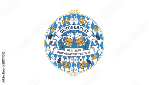 Circular oktoberfest crest with two clinking beer mugs, pretzels, and autumn leaves on blue diamond background.