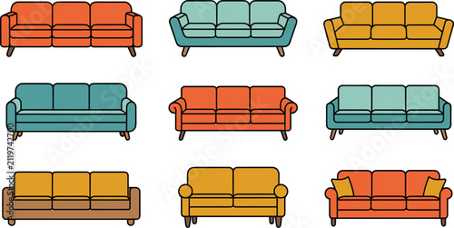 Konstfotografi Modern three seater sofa vector illustration set featuring colorful mid century