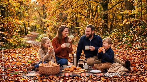 Family Picnic in Autumn Forest with Children and Adults Enjoying Breakfast Outdoors