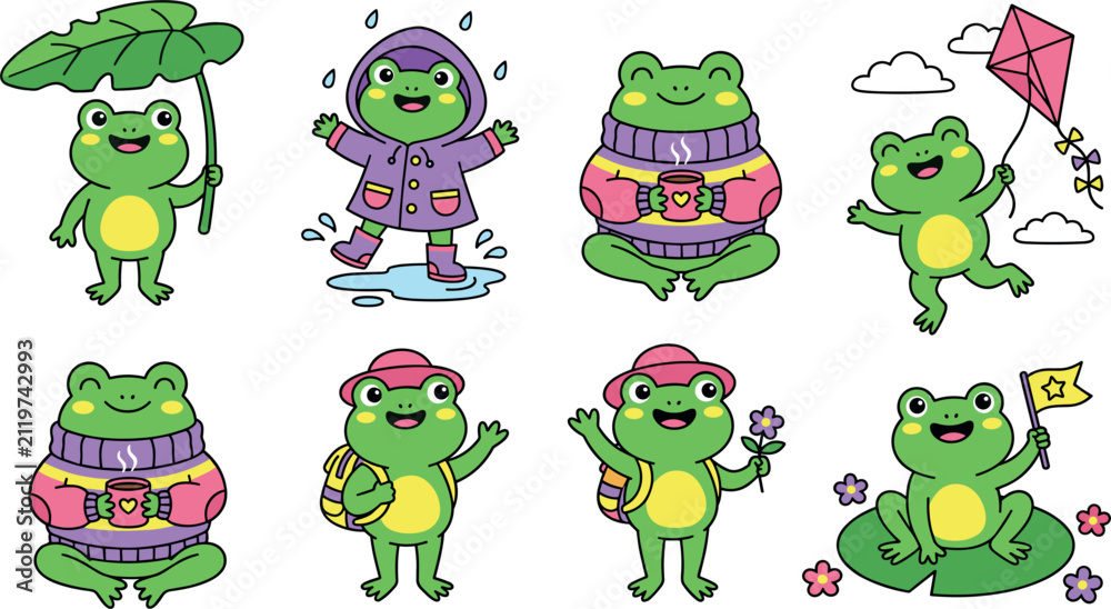 Fototapeta premium Cute Cartoon Frog Sticker Set Featuring Purple Raincoat Cozy Sweater Mug Hiker Backpack Flying Kite and Lily Pad Vector