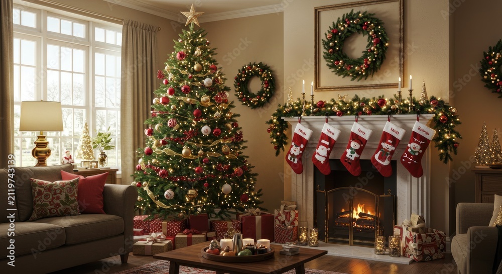 Obraz premium Elegant Christmas dining room with festive table and wreath decorations.